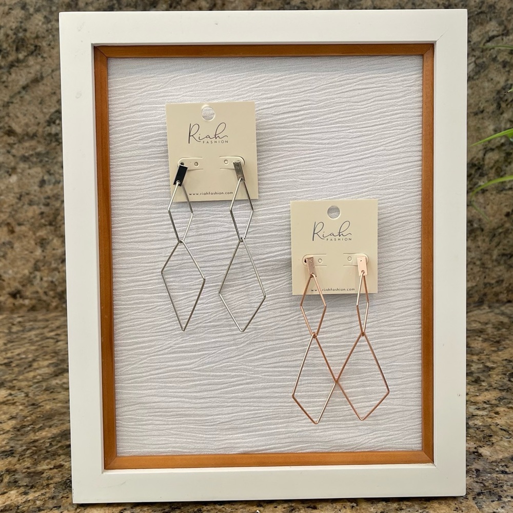 Riah Silver Diamond Shape & Rose Gold Diamond Shape Dangle Earrings 2 pairs - Picture 10 of 11